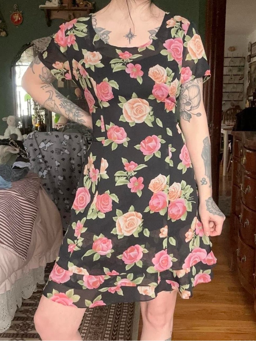 Floral Black & Pink Short Sleeve A-Line Dress